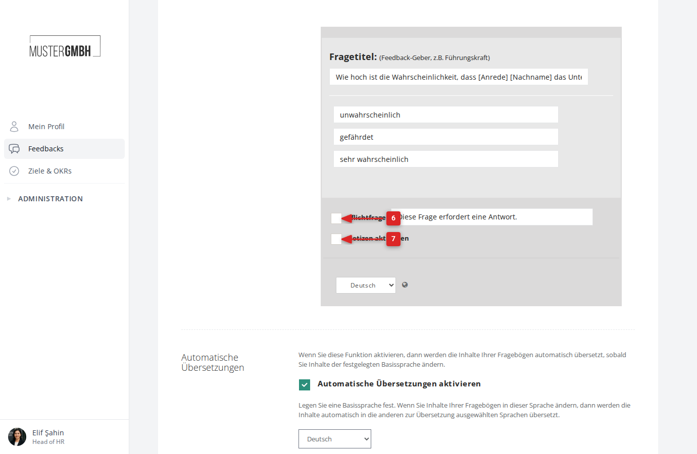 Pflichtfrage und Notizen aktivieren