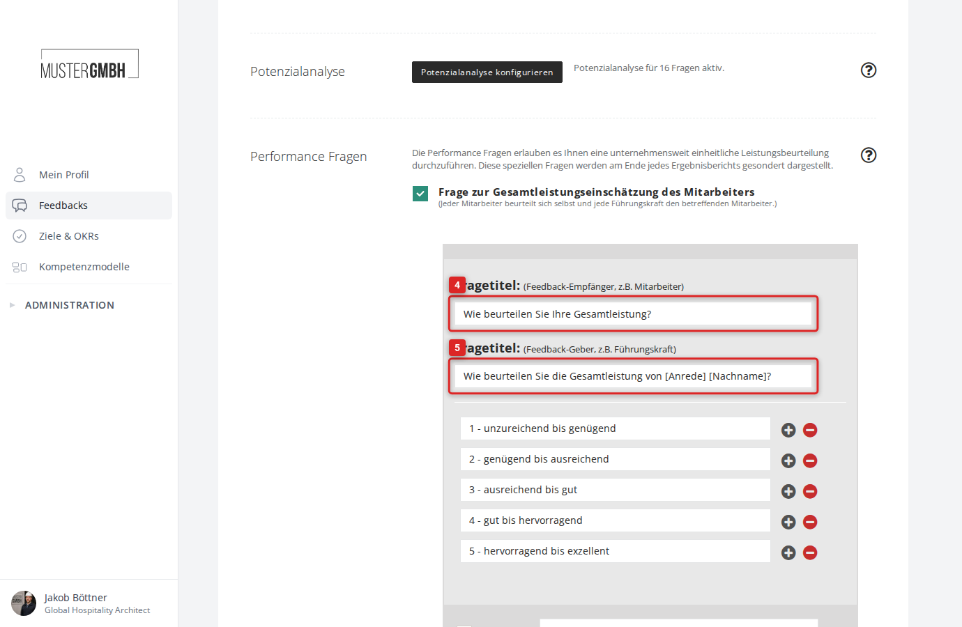 Fragetitel für Feedback-Empfänger und Feedback-Geber eingeben