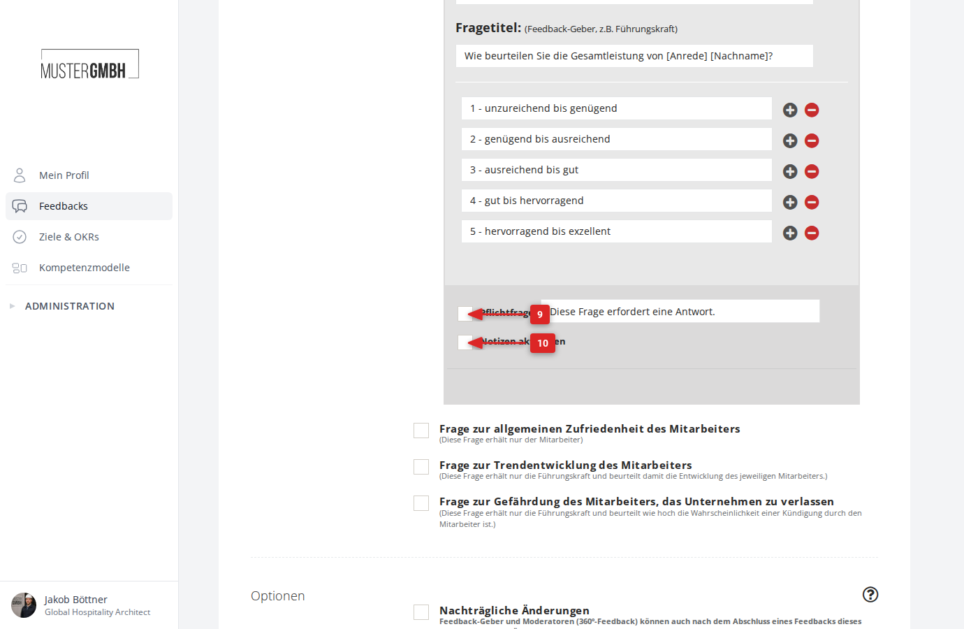 Einstellungen für Pflichtfrage und Notizen