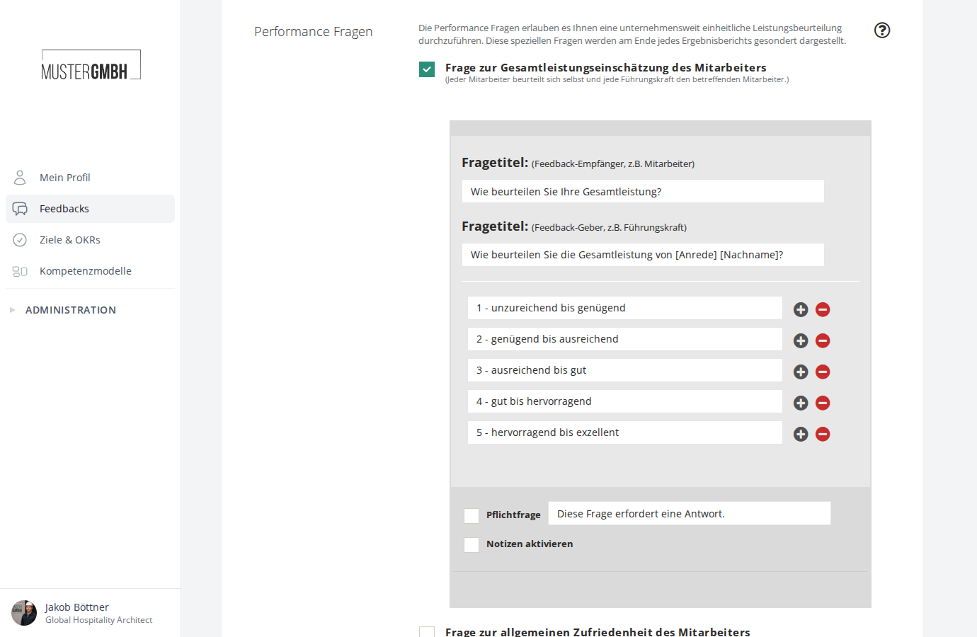 Bereich „Performance Fragen" in den Einstellungen