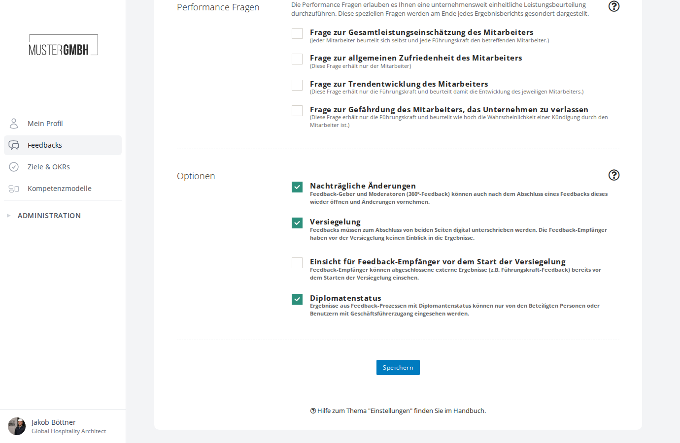 Bereich Performance Fragen in den Einstellungen
