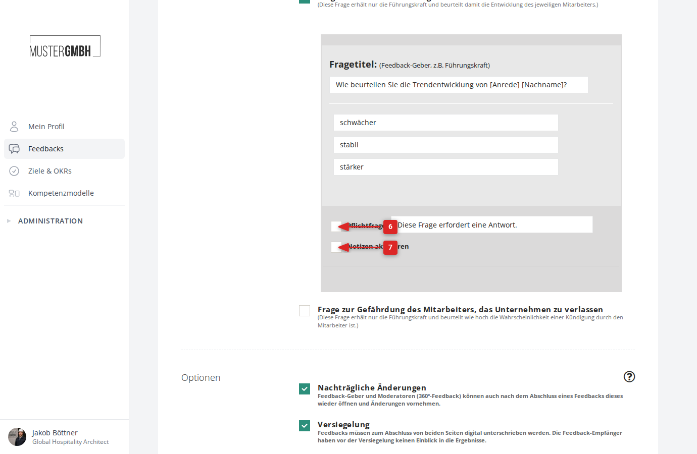 Optionen für Pflichtfrage und Notizen