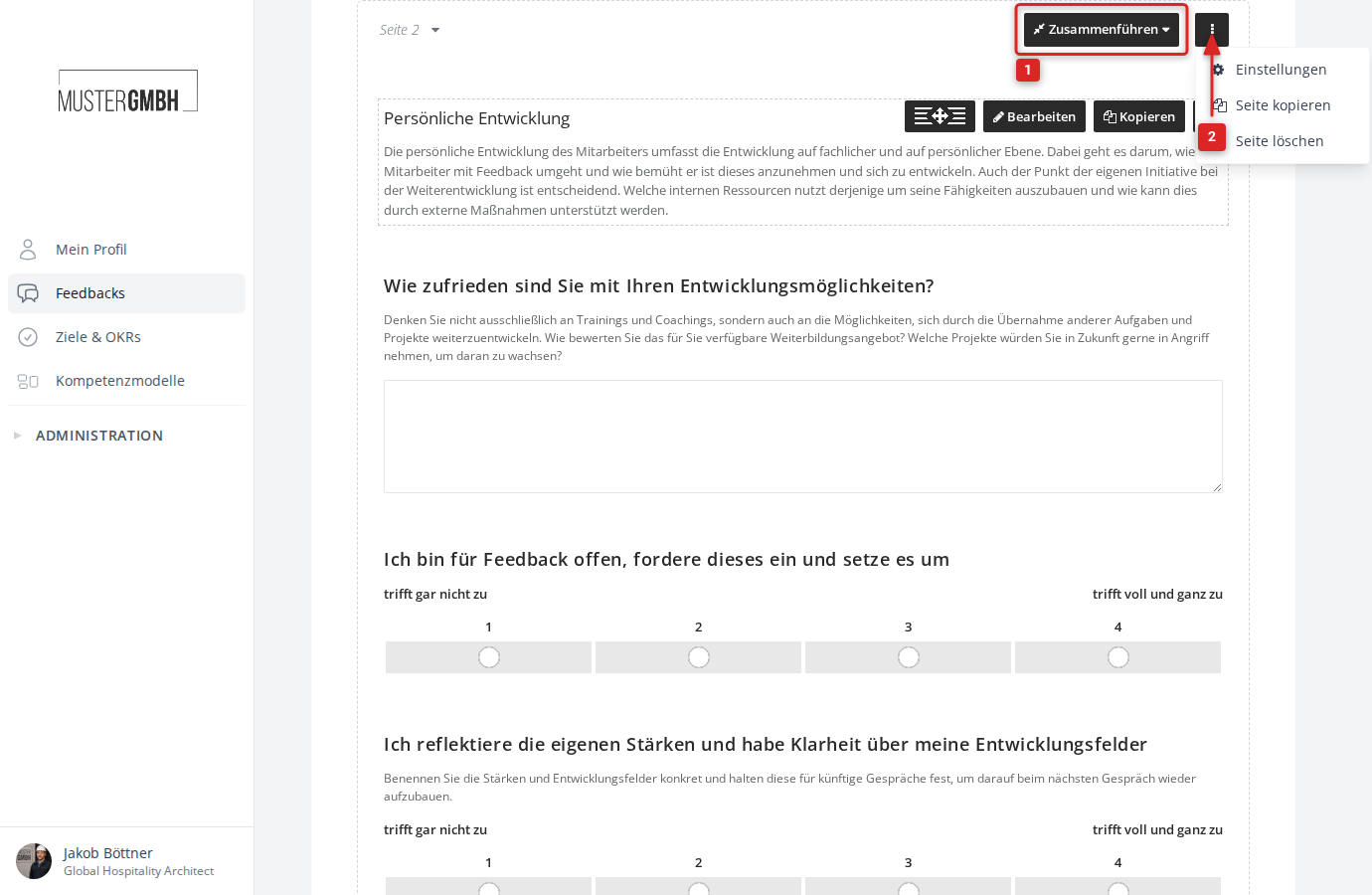 Seitenwerkzeuge mit Zusammenführen-Dropdown und Drei-Punkte-Menü