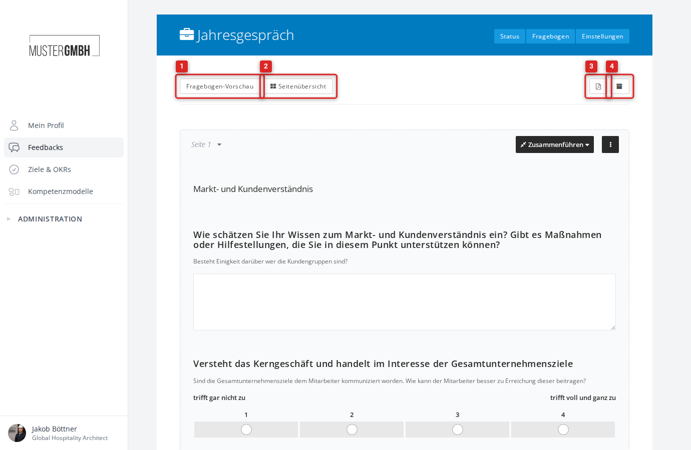 Werkzeugleiste des Fragebogen-Editors mit Vorschau, Seitenübersicht, PDF-Export und Archiv