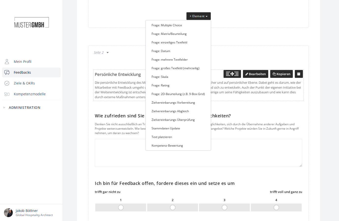 Das Dropdown-Menü mit den verfügbaren Bausteinen