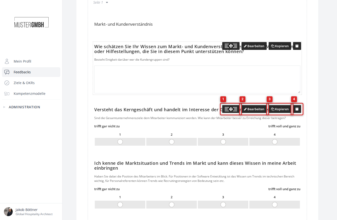 Werkzeugleiste einer Frage mit Verschieben, Bearbeiten, Kopieren und Archivieren