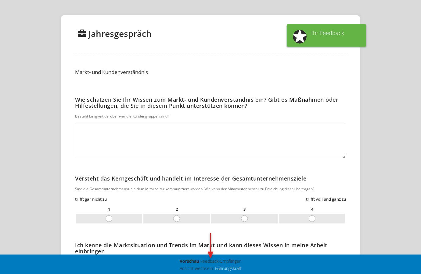 Fragebogen-Vorschau mit Perspektiven-Wechsel am unteren Rand