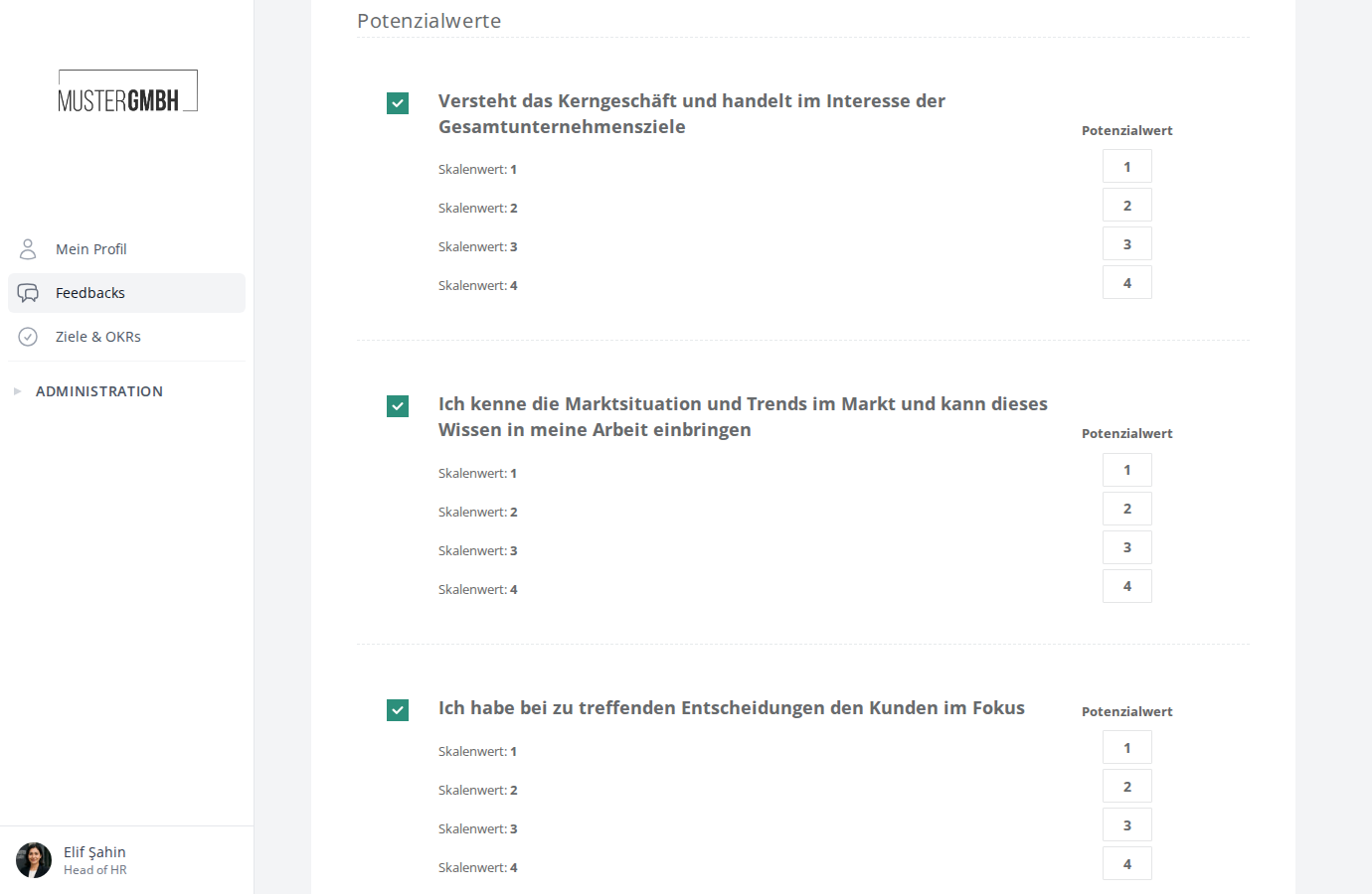 Übersicht der Potenzialwerte mit Kontrollfeldern pro Frage