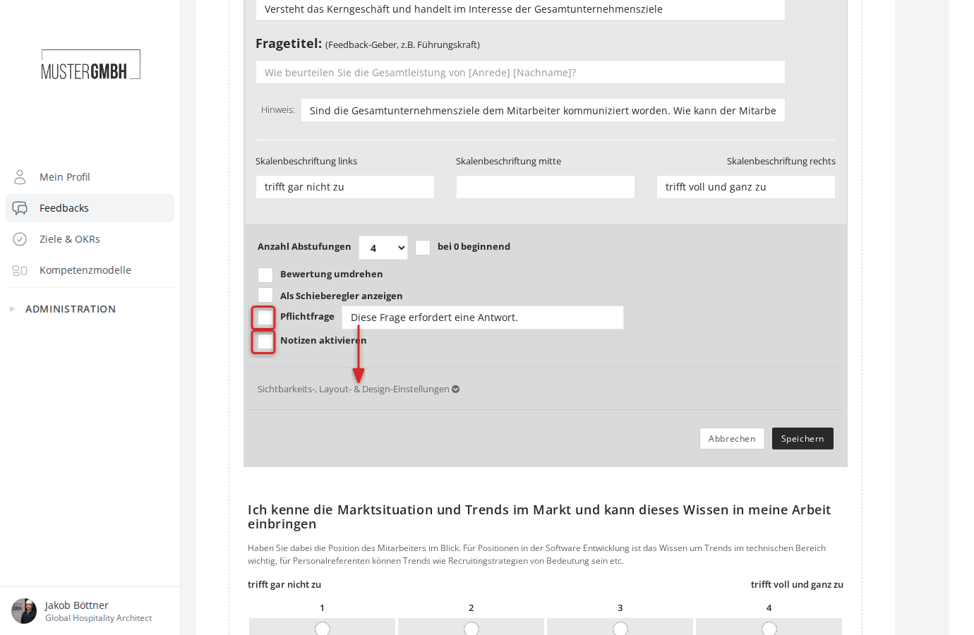 Allgemeine Einstellungen einer Frage am Beispiel einer Skala-Frage