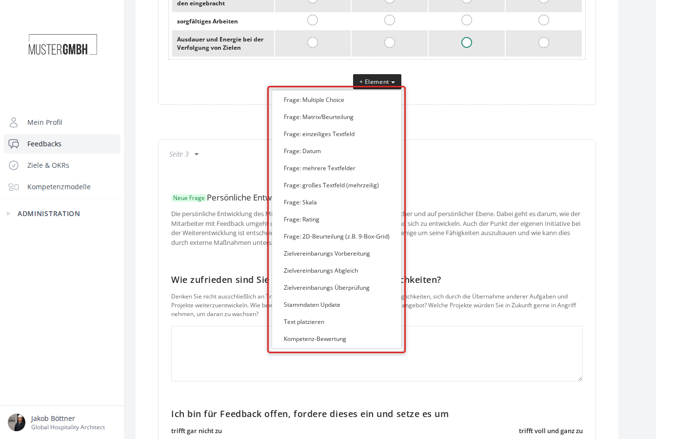 Übersicht aller Fragetypen im Dropdown-Menü des Fragebogen-Editors