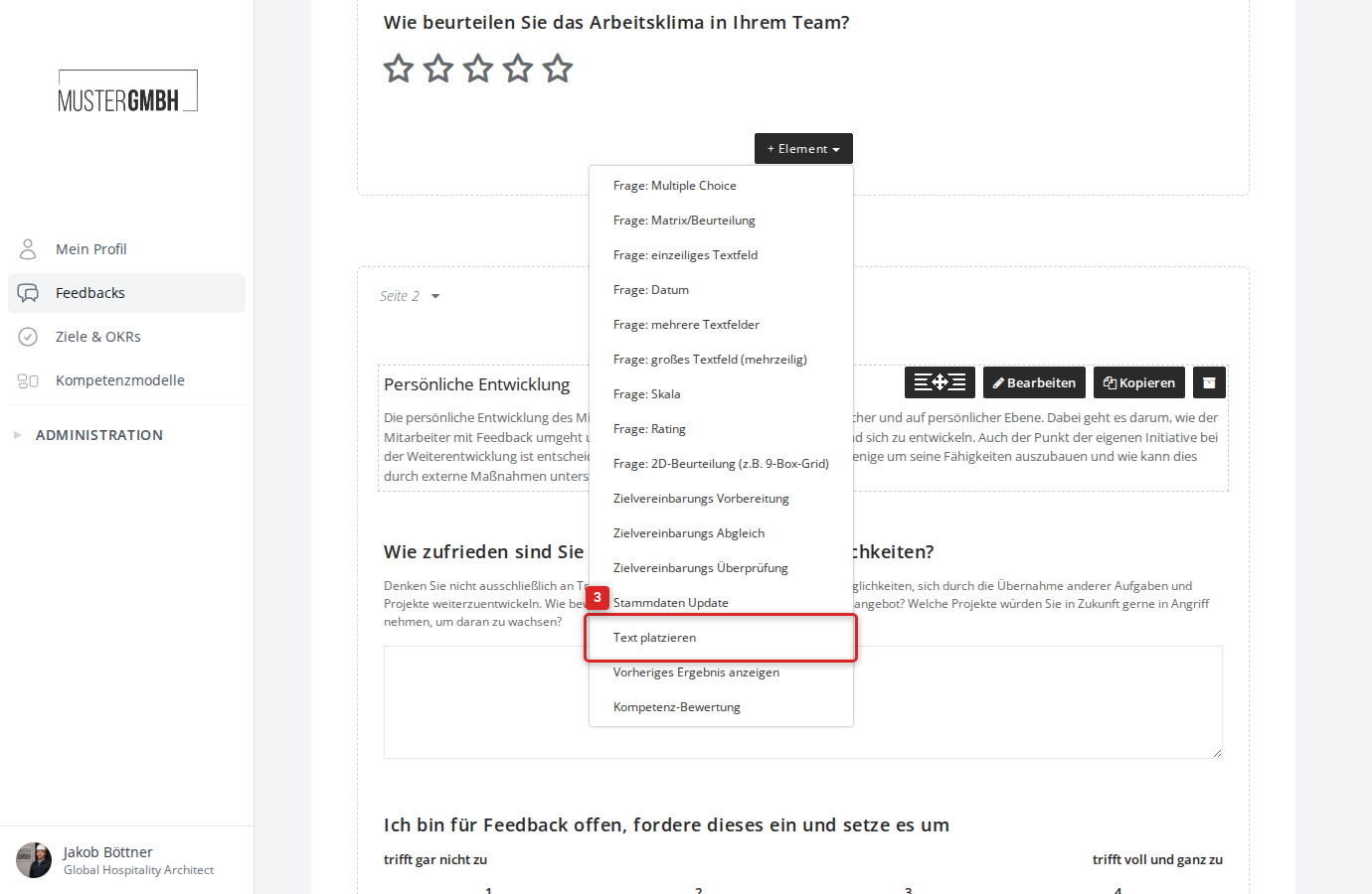 Das Dropdown "+ Element" mit dem Eintrag "Text platzieren"