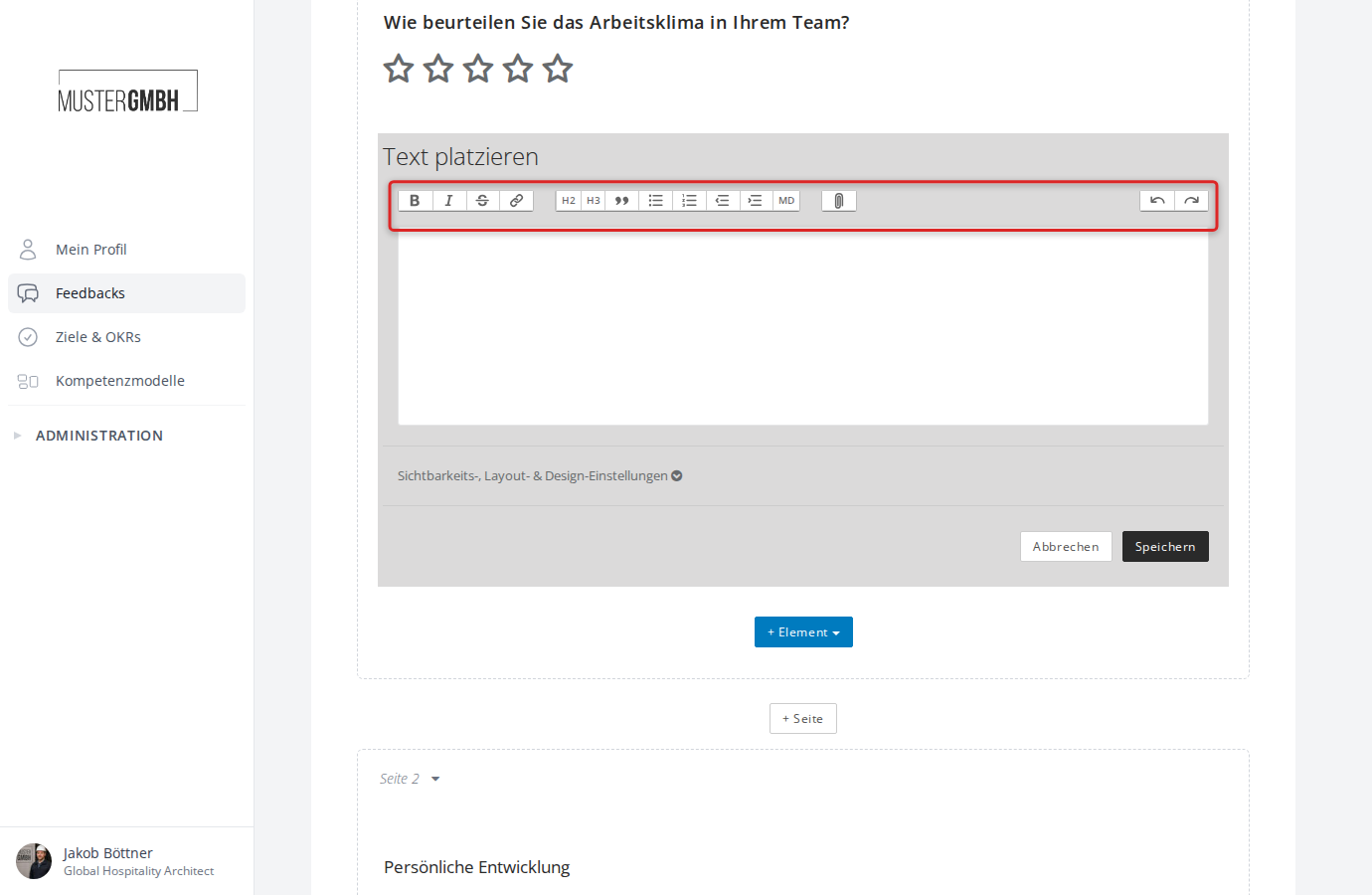 Das Bearbeitungsformular eines Freitext-Elements mit dem Rich-Text-Editor und der Werkzeugleiste