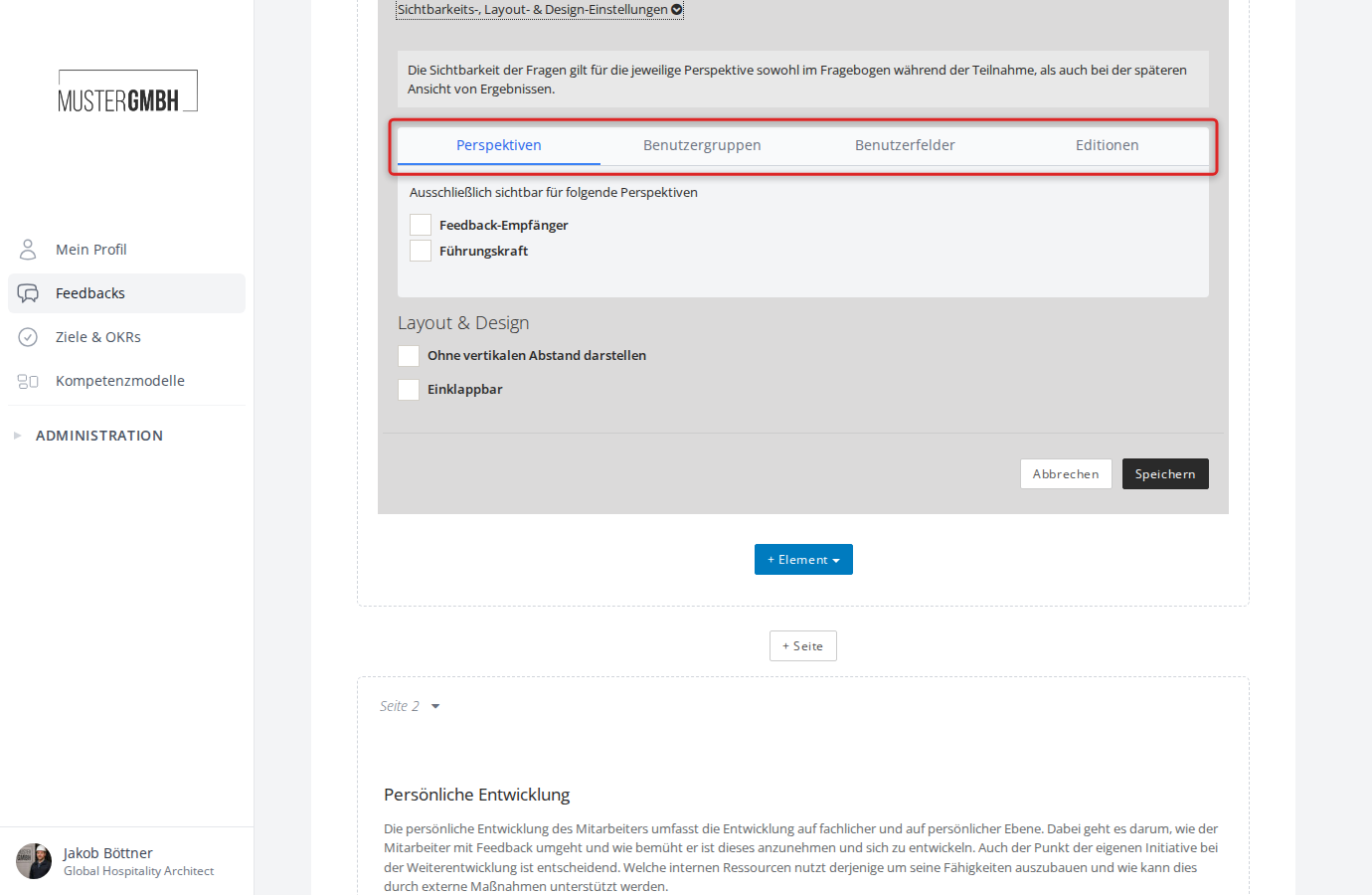 Die aufgeklappten Sichtbarkeits-, Layout- und Design-Einstellungen eines Freitext-Elements