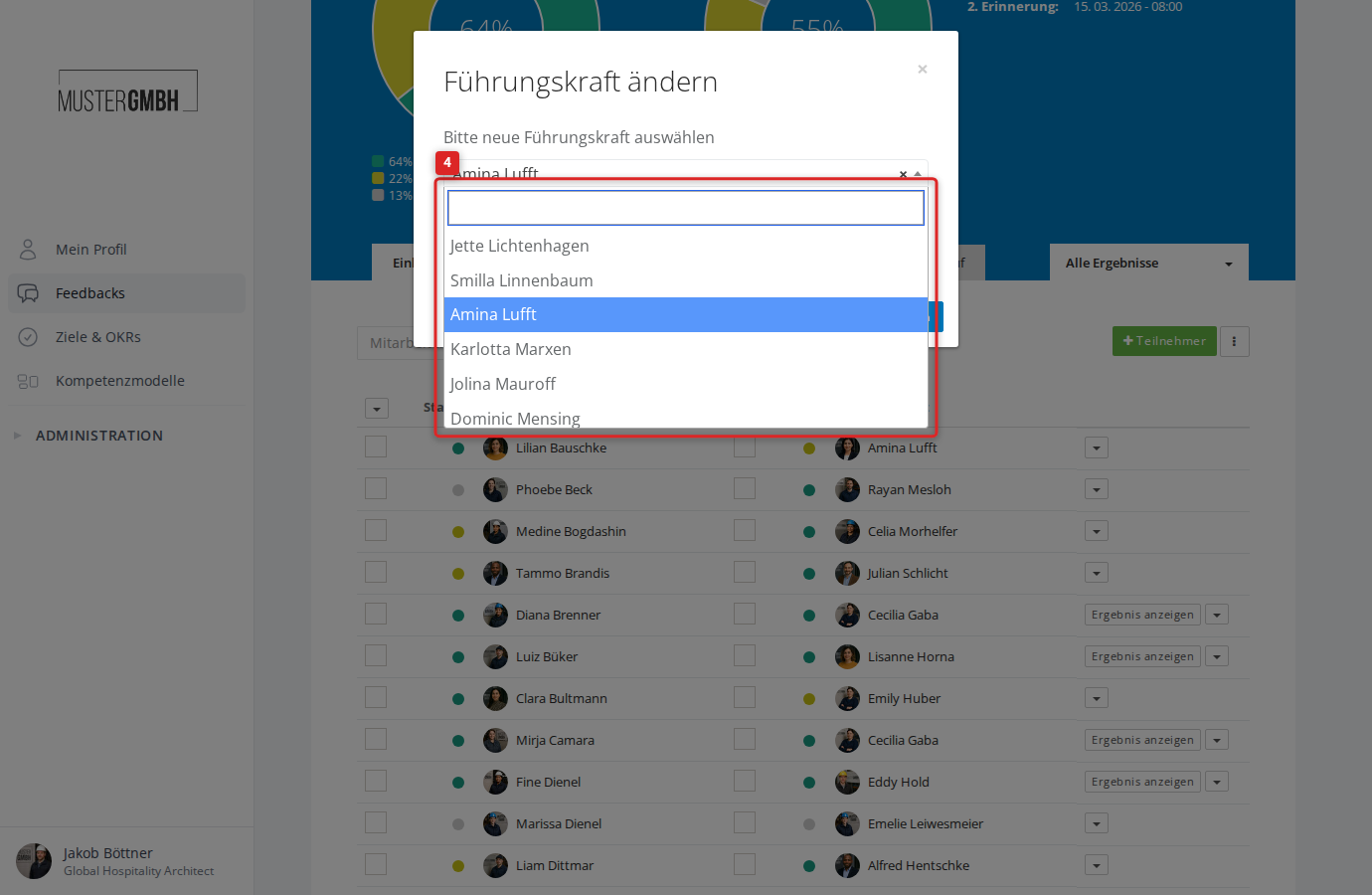 Screenshot: Dialog Führungskraft ändern mit Auswahlliste