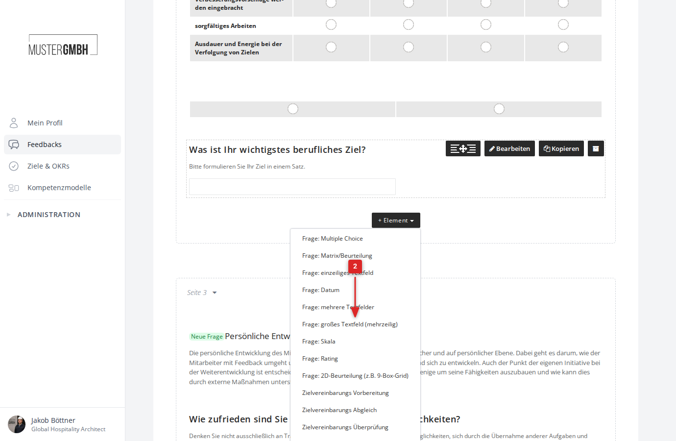 Das Dropdown-Menü "+ Element" mit hervorgehobenem Eintrag "Frage: großes Textfeld (mehrzeilig)"