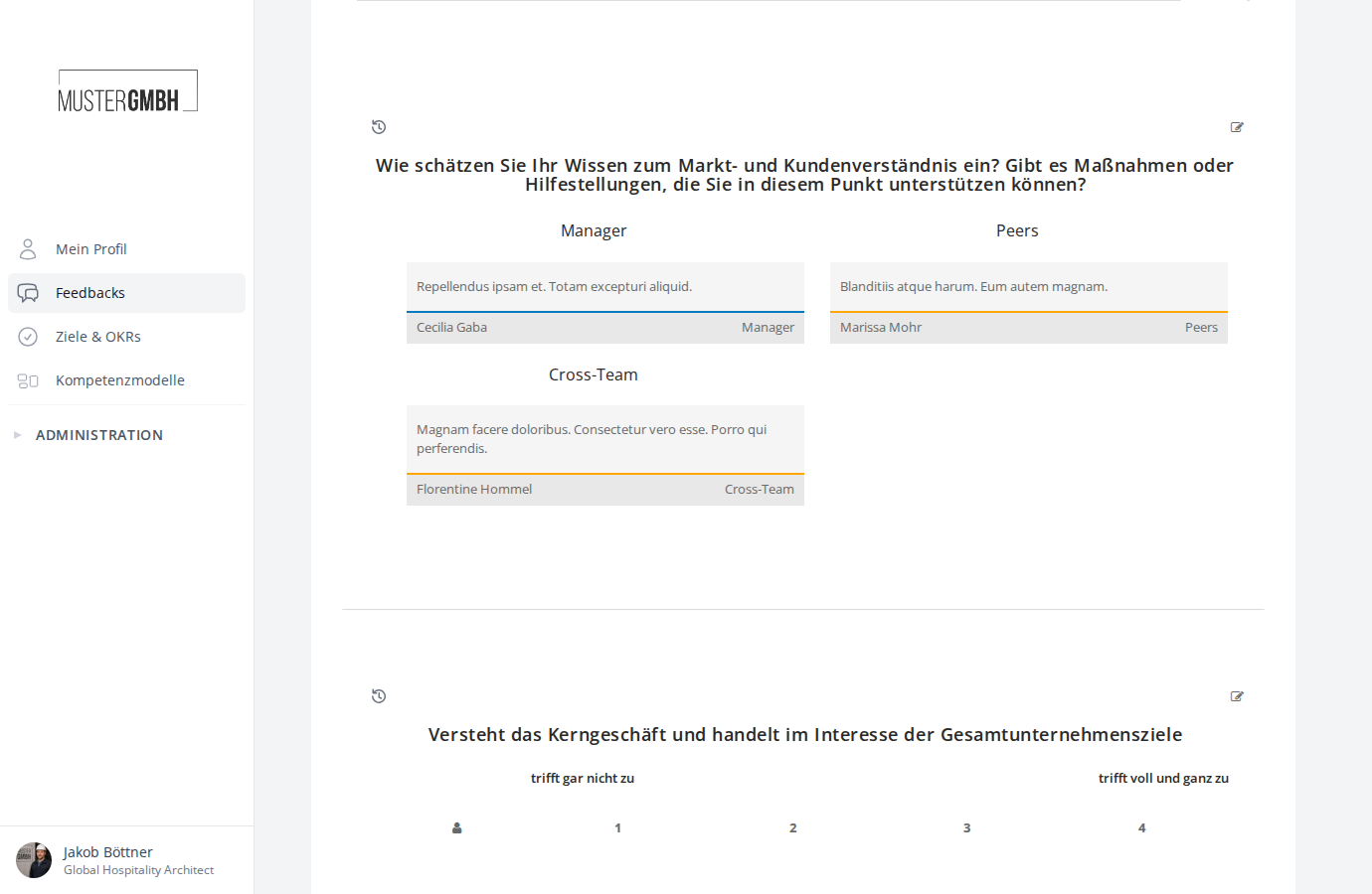 Ergebnisansicht einer großen Textfeld-Frage mit Antworten nach Perspektive gruppiert