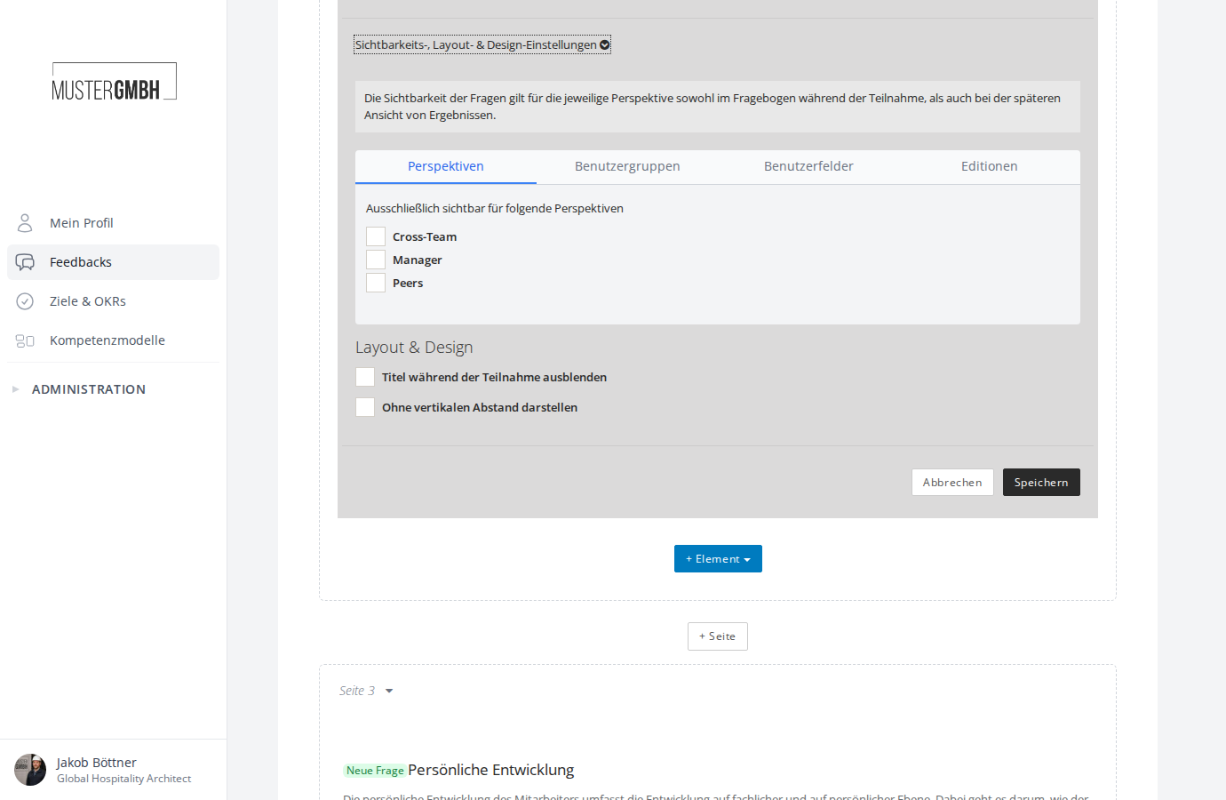 Der aufgeklappte Bereich "Sichtbarkeits-, Layout- & Design-Einstellungen" mit Tab-Navigation