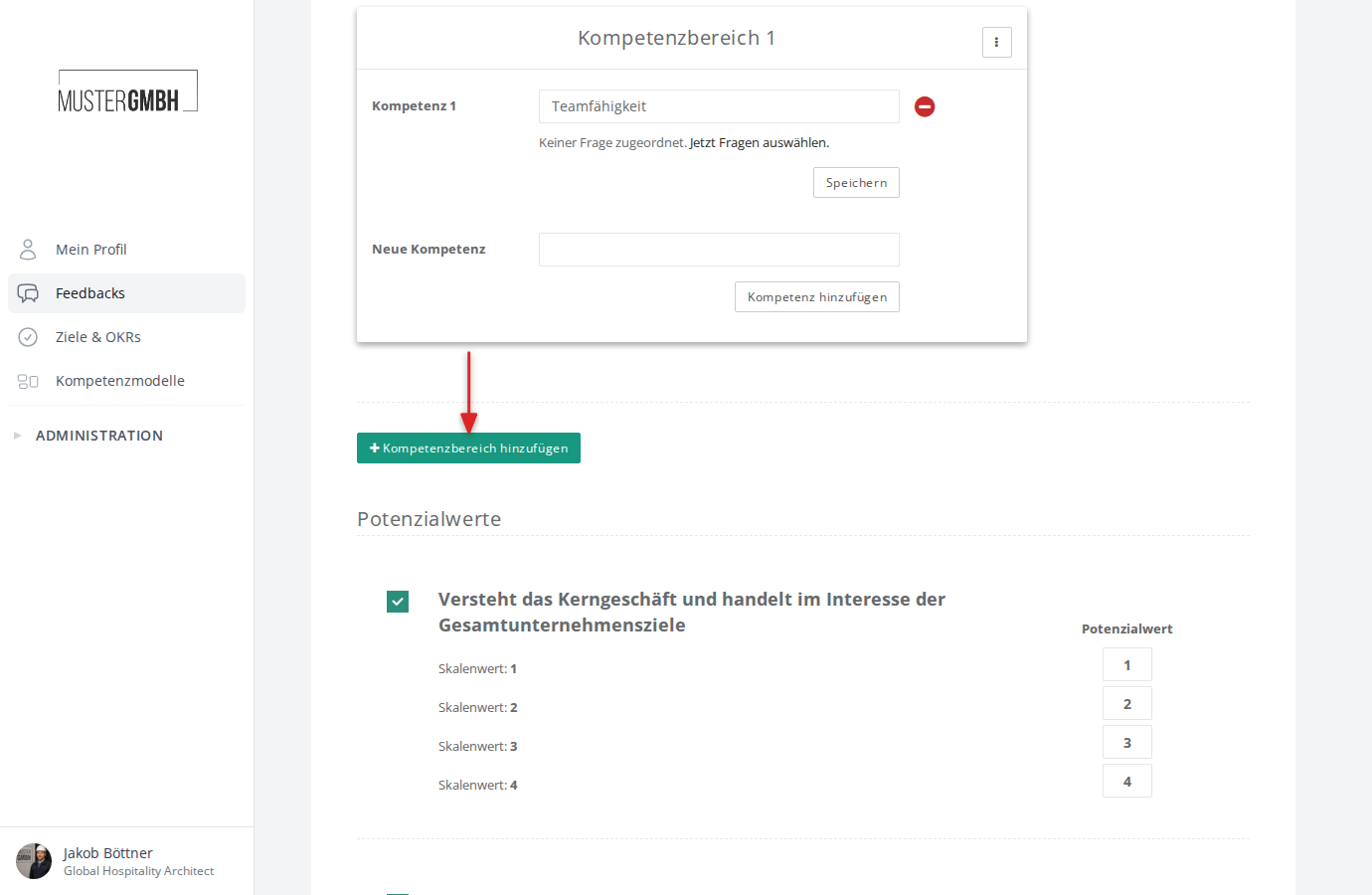 Leerer Kompetenzbereich mit Button zum Hinzufügen