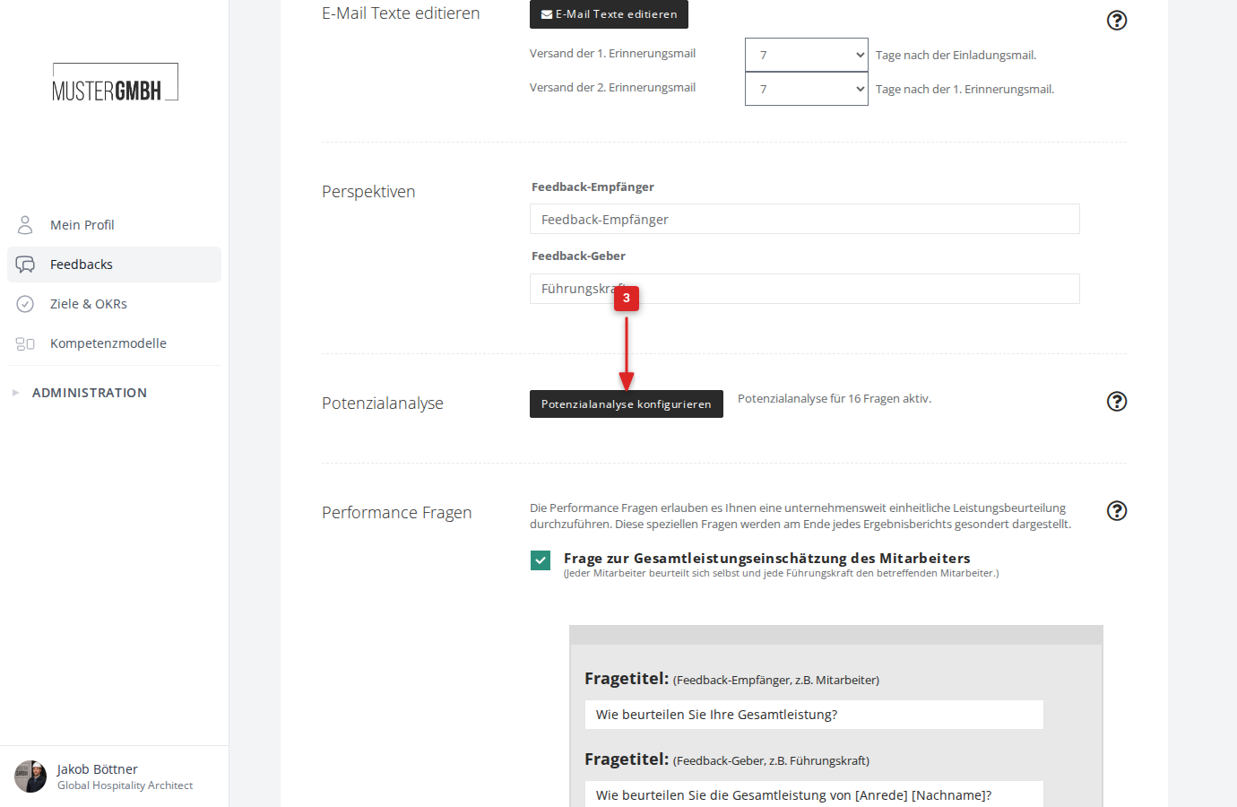Abschnitt Potenzialanalyse in den Einstellungen