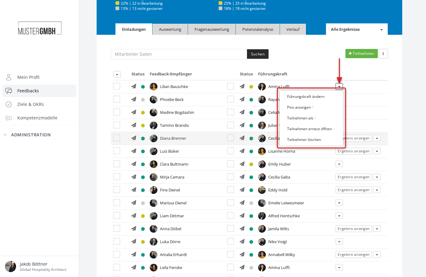 Aktions-Dropdown einer Teilnahme mit erweiterten Funktionen