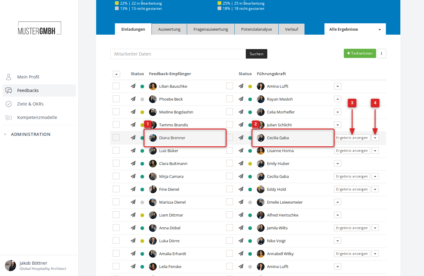 Aufbau einer Teilnahmezeile mit Feedback-Empfänger, Führungskraft und Aktionsbutton