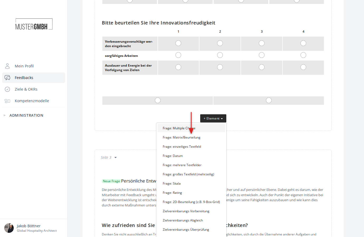 Element-Typ "Frage: Matrix/Beurteilung" im Dropdown auswählen