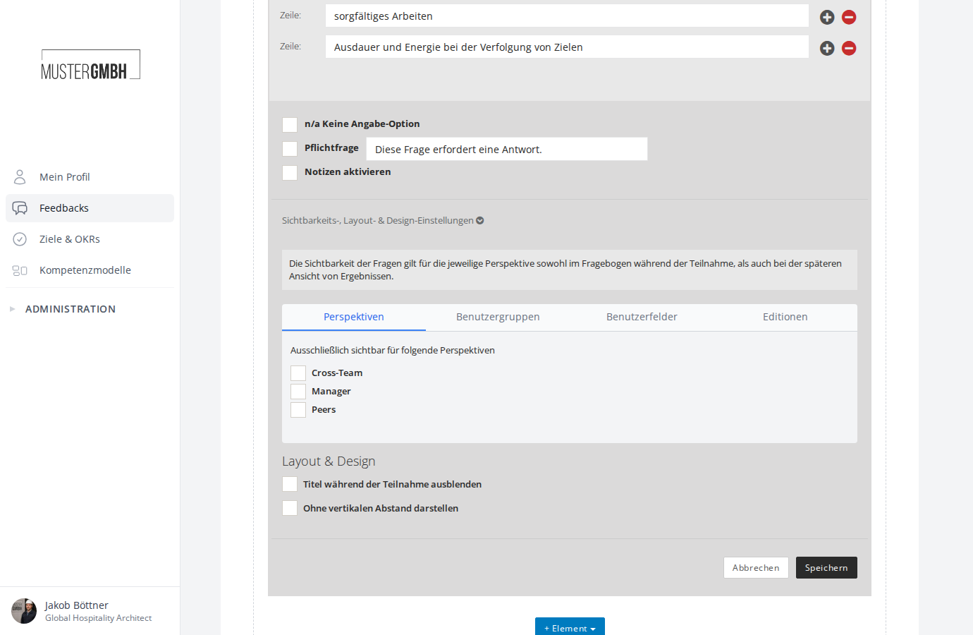 Sichtbarkeits-, Layout- & Design-Einstellungen