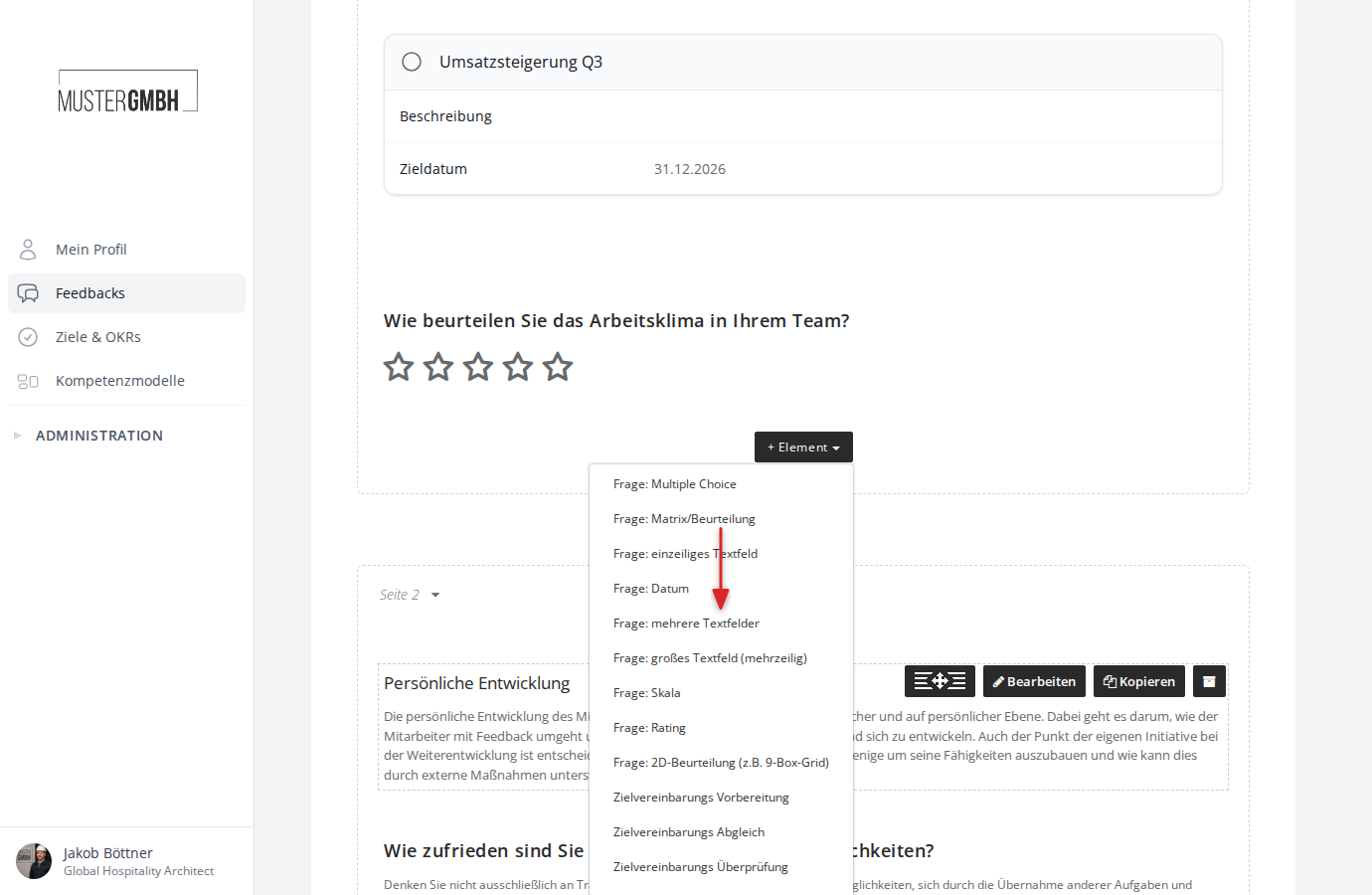 Das Dropdown-Menü "+ Element" mit hervorgehobenem Eintrag "Frage: mehrere Textfelder"