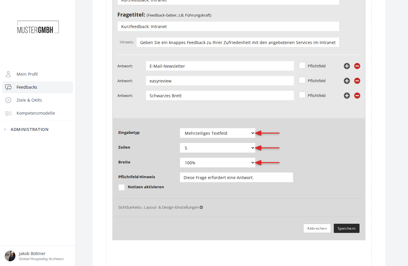 Eingabetyp-Einstellung mit Optionen für Zeilen und Breite