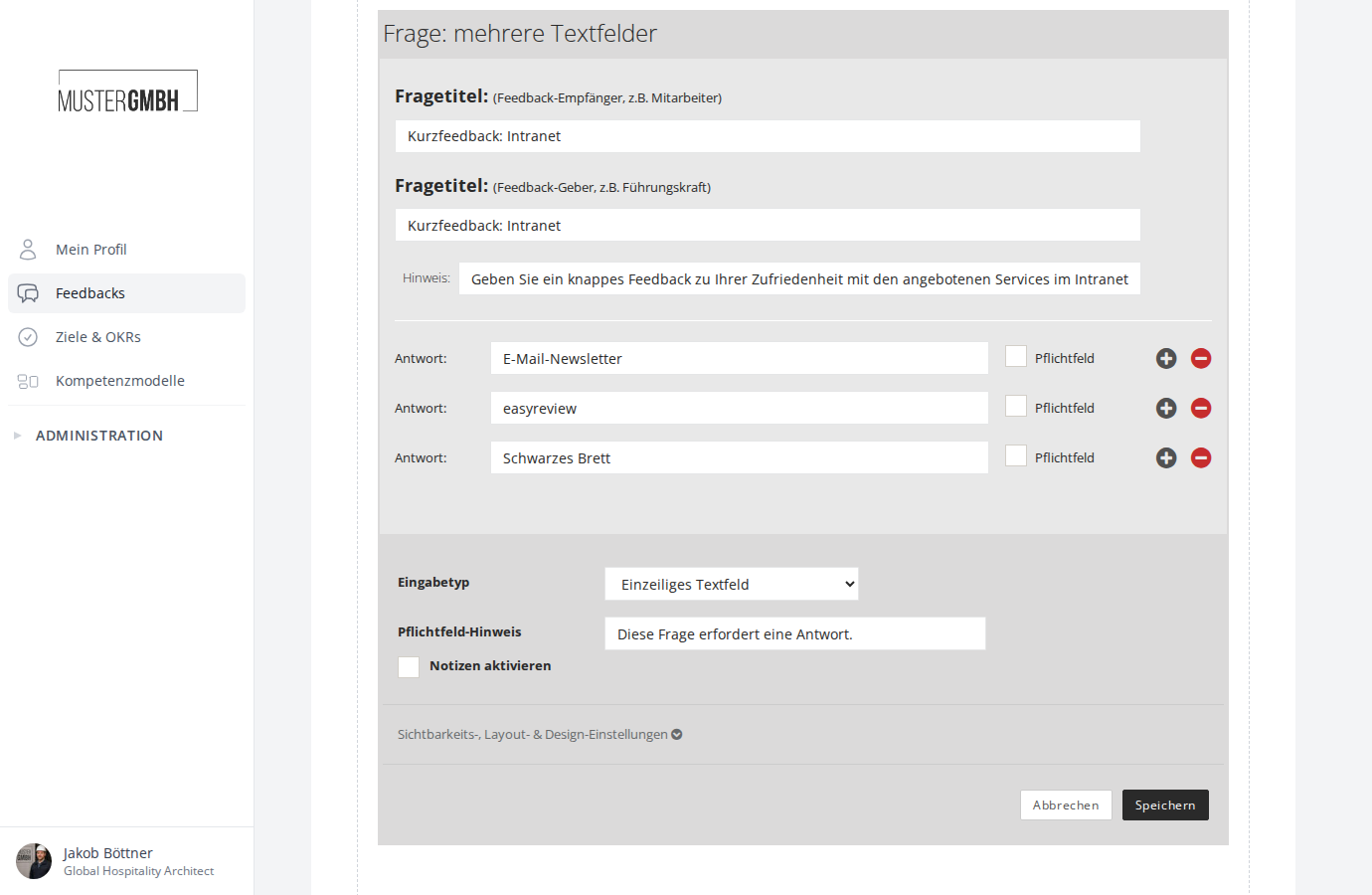 Konfigurationsformular einer "Mehrere Textfelder"-Frage im Fragebogen-Editor