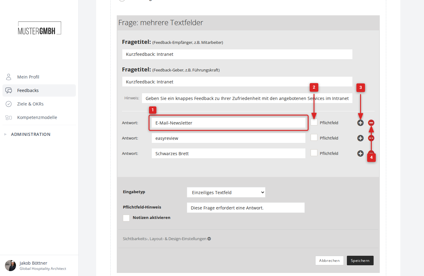 Unterfragen mit Beschriftungen, Pflichtfeld-Checkboxen und Plus-/Minus-Symbolen