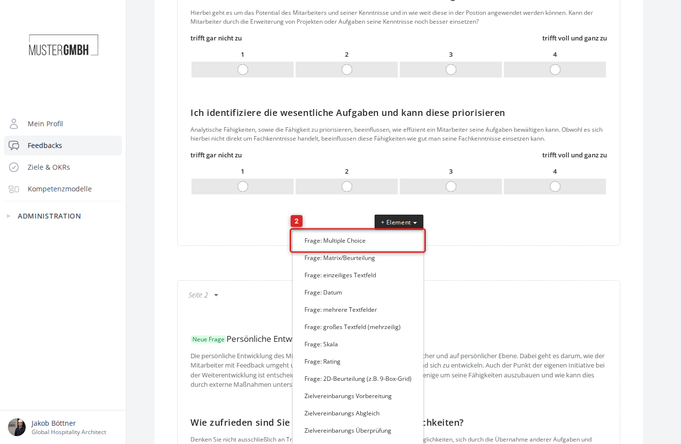 Elementtyp "Frage: Multiple Choice" im Dropdown-Menü auswählen