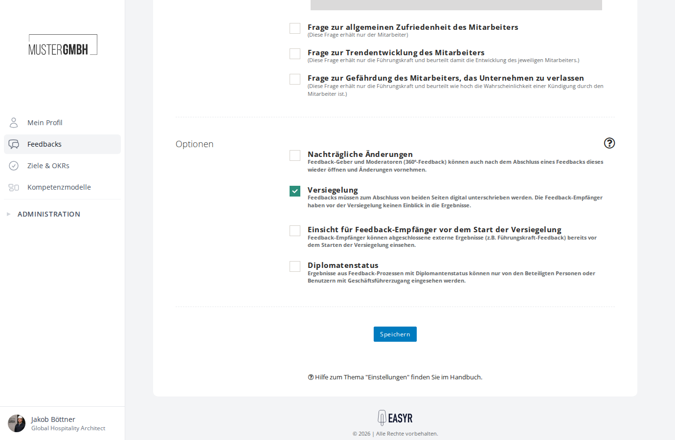 Optionen-Bereich in den Einstellungen eines Feedback-Prozesses