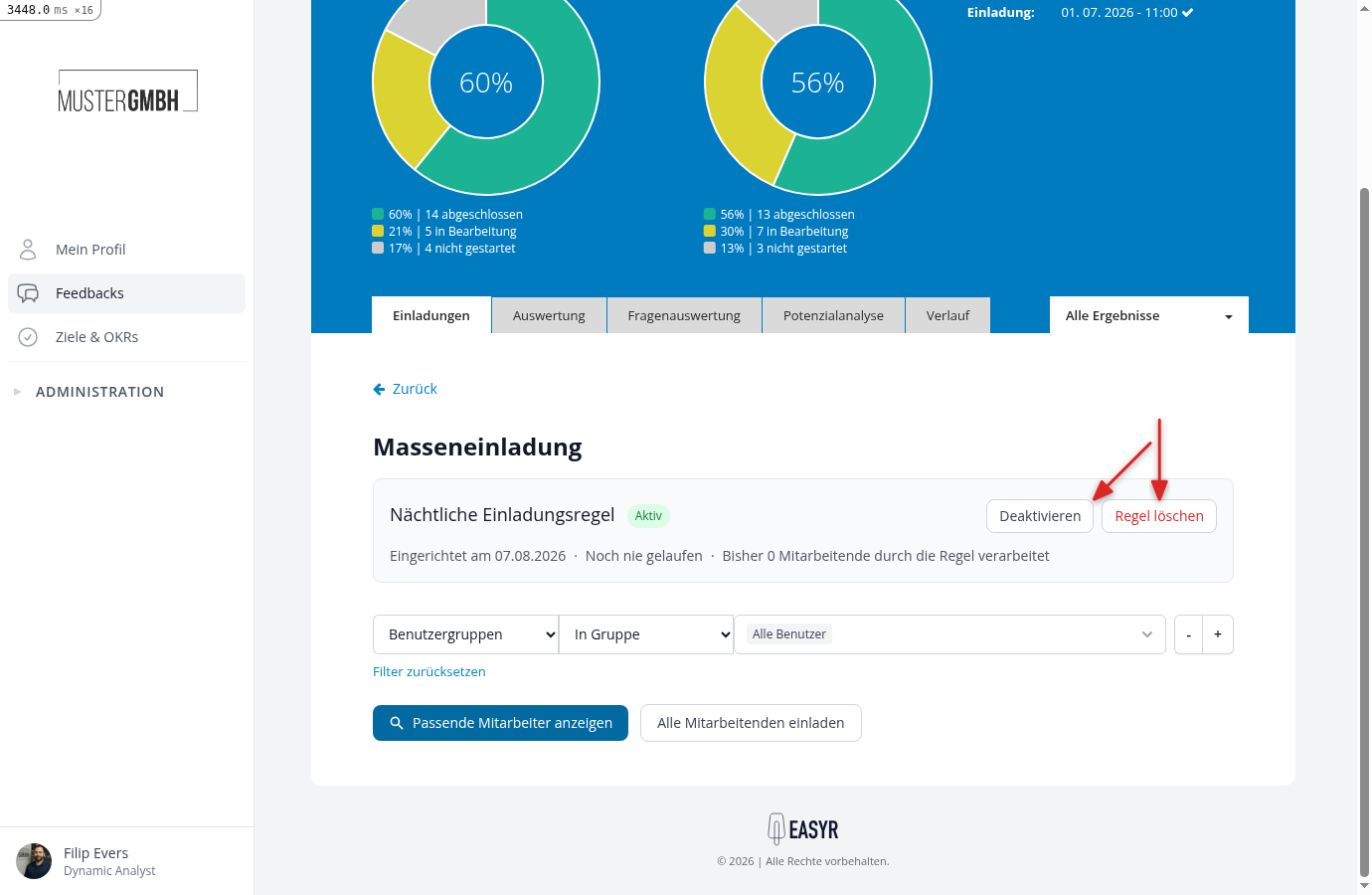 Kasten der nächtlichen Einladungsregel mit Status, den Buttons Deaktivieren und Regel löschen