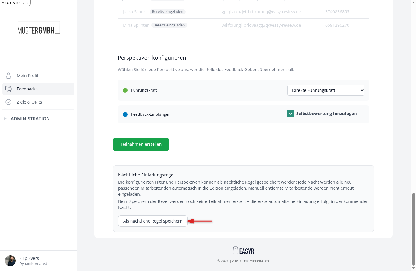 Kasten Nächtliche Einladungsregel mit dem Button Als nächtliche Regel speichern