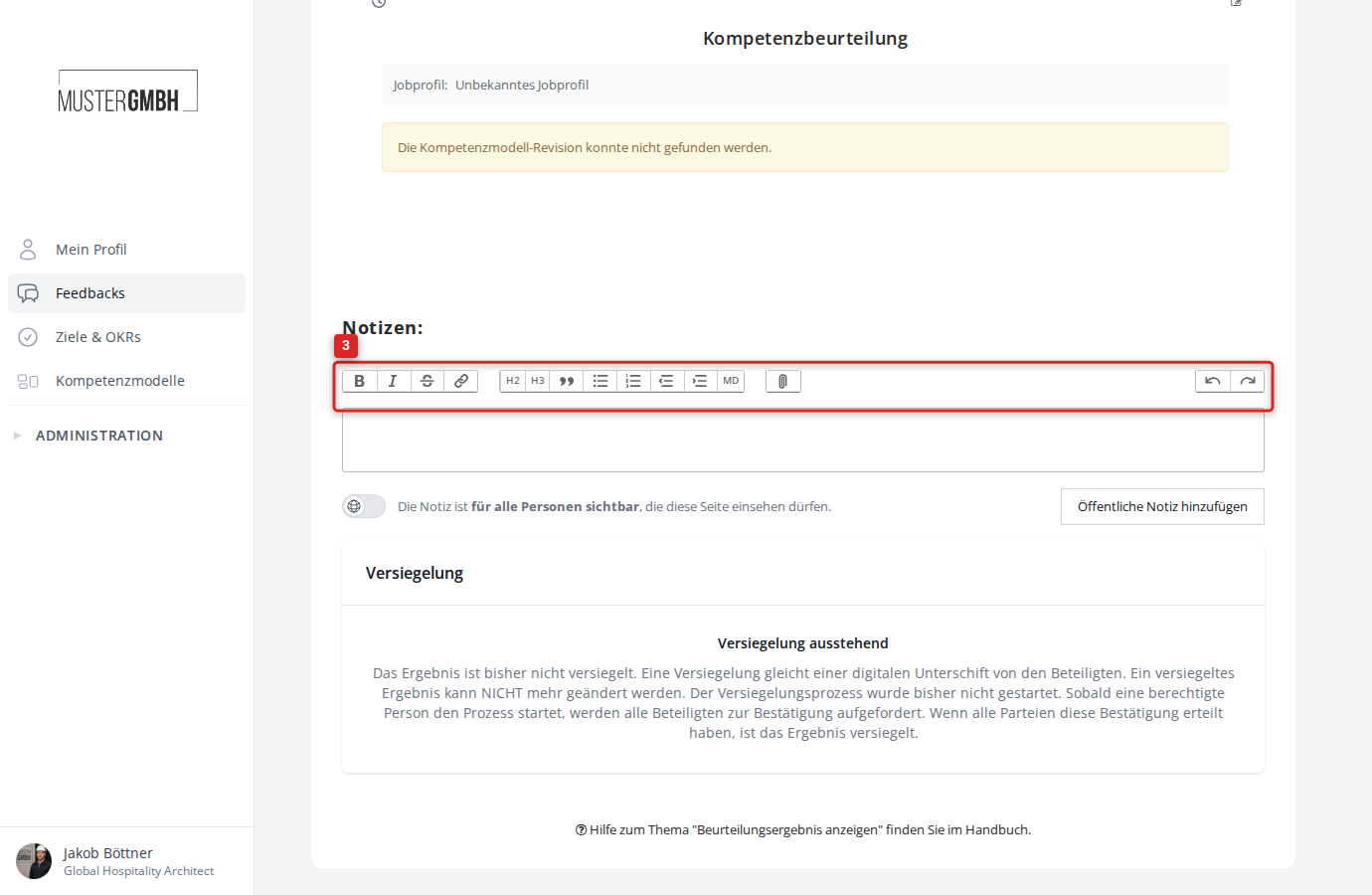 Notizformular mit Rich-Text-Editor und Formatierungs-Toolbar