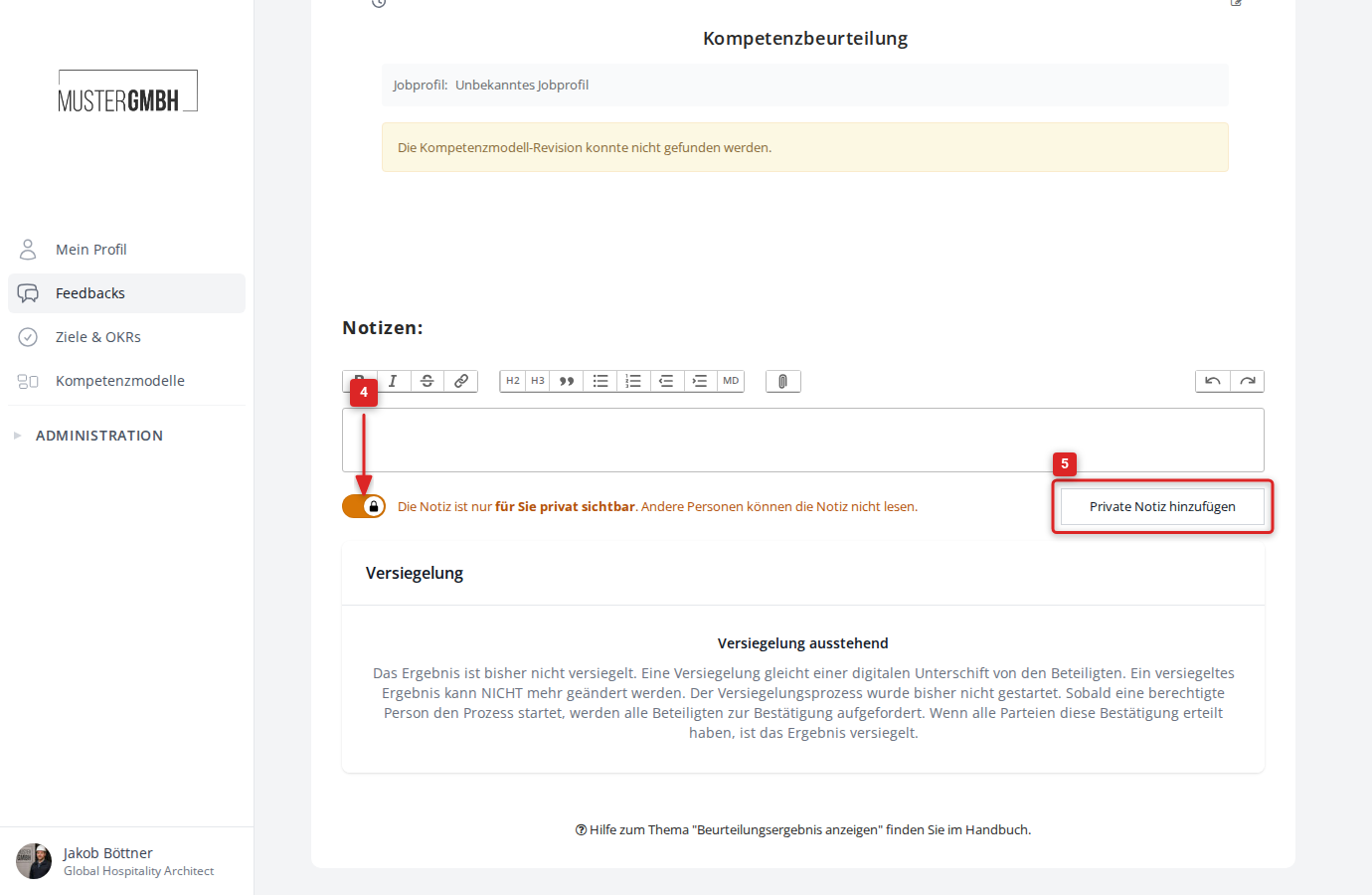 Notizformular mit aktiviertem Privat-Schalter
