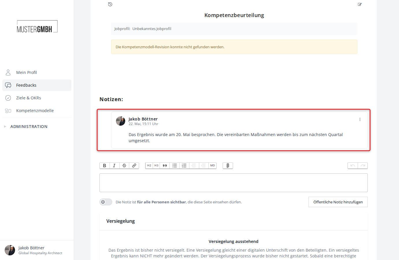 Gespeicherte Notiz als Karte mit Autorname, Datum und Notiztext