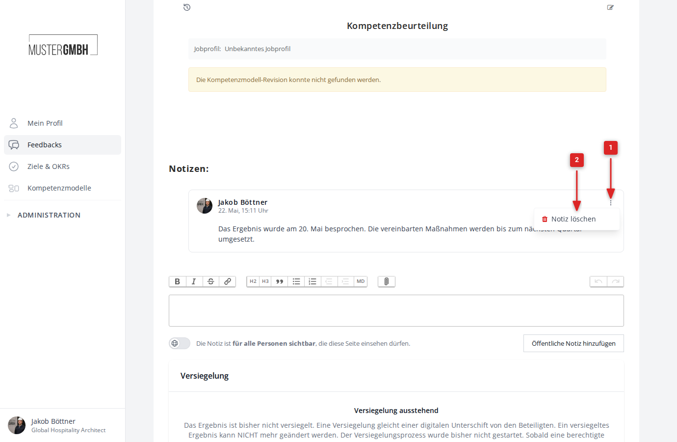 Drei-Punkte-Menü einer Notiz mit der Option "Notiz löschen"