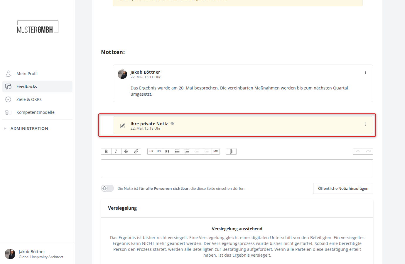Private Notiz als eingeklappte Karte mit gelbem Hintergrund