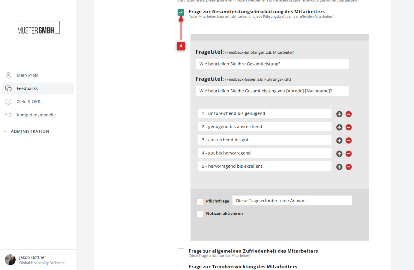 Aktivierte Performance-Frage mit geöffnetem Konfigurationsformular