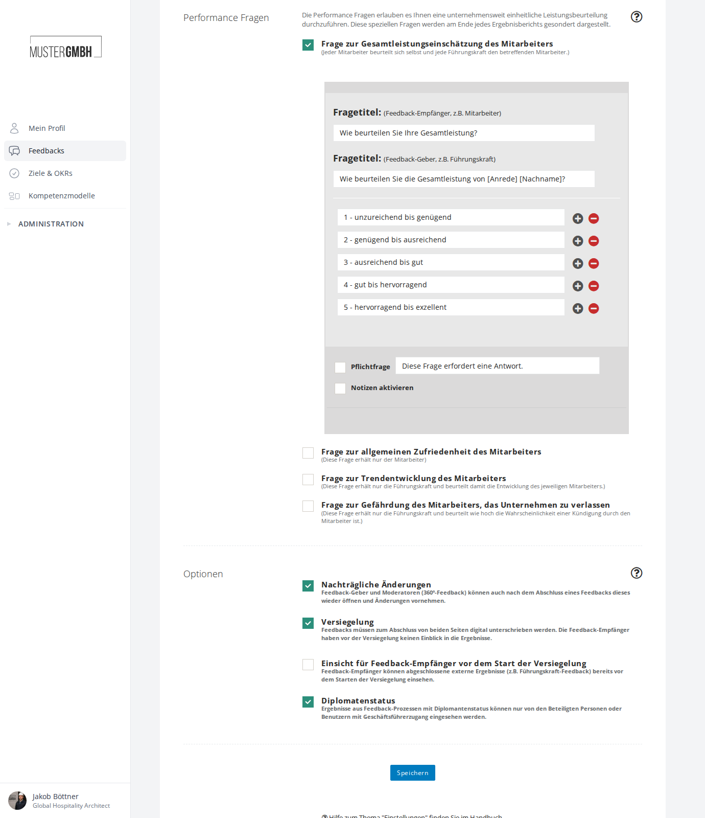 Abschnitt Performance Fragen in den Einstellungen eines Feedback-Prozesses