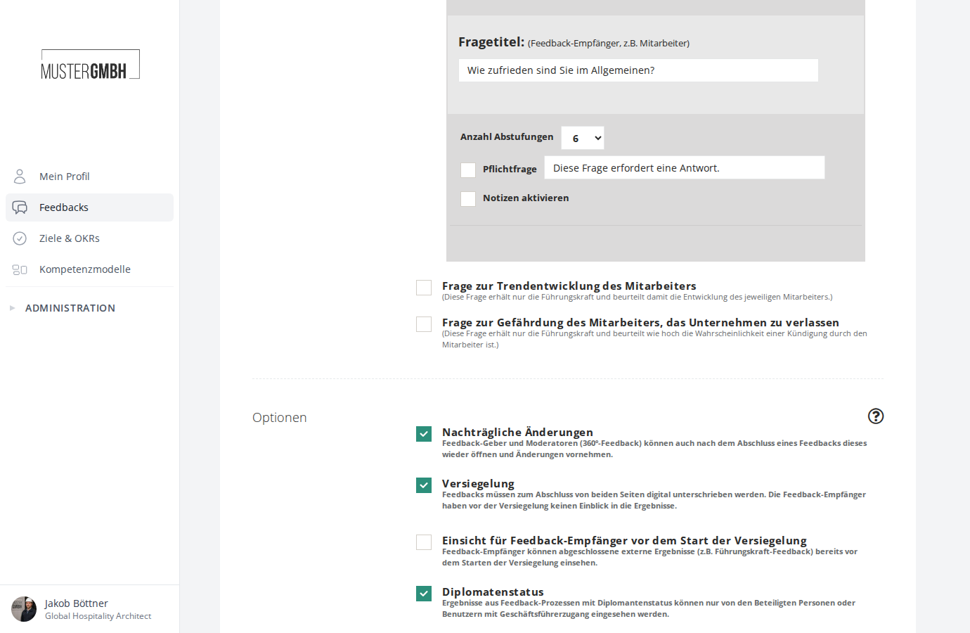 Konfigurationsformular der Frage zur allgemeinen Zufriedenheit