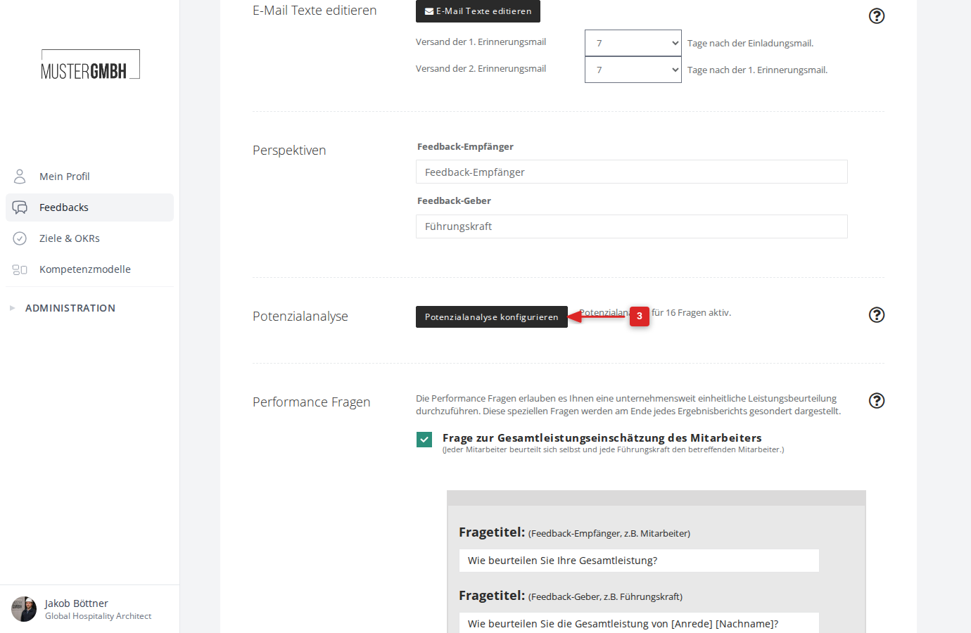 Abschnitt Potenzialanalyse in den Einstellungen mit dem Button "Potenzialanalyse konfigurieren"