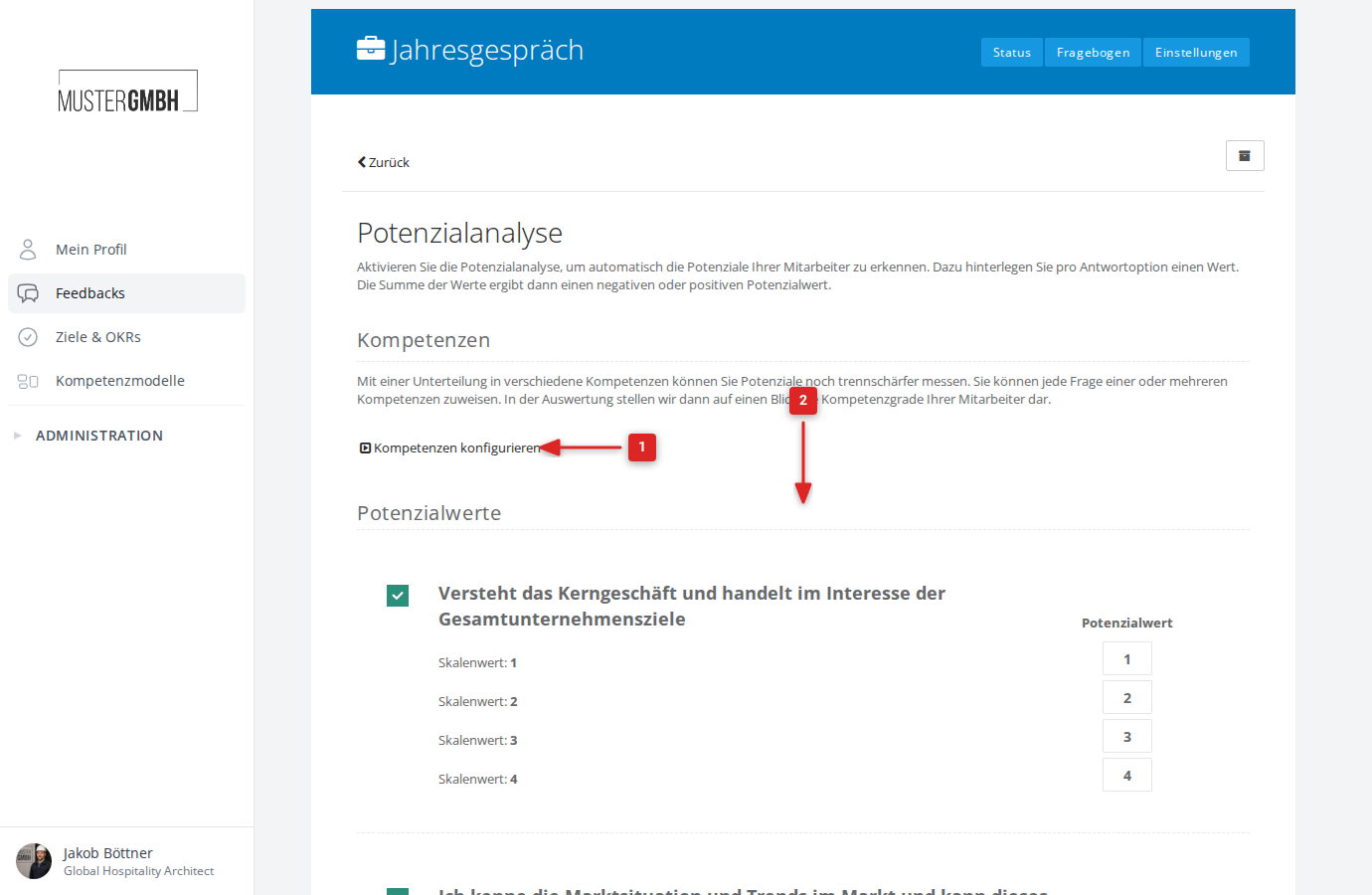 Übersicht der Potenzialanalyse-Konfigurationsseite mit den vier Bereichen