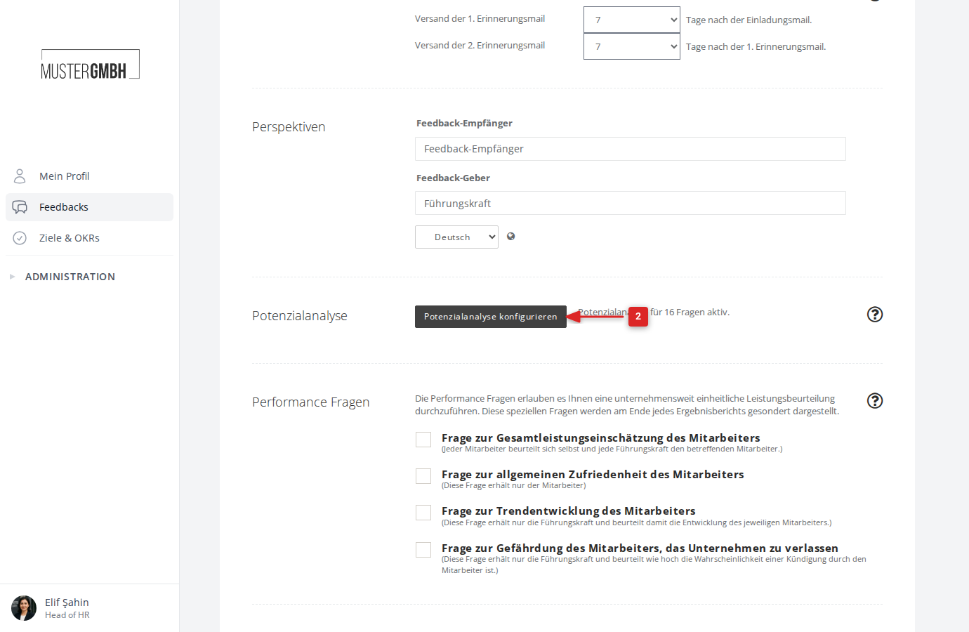 Einstellungsbereich der Potenzialanalyse mit dem Button "Potenzialanalyse konfigurieren"