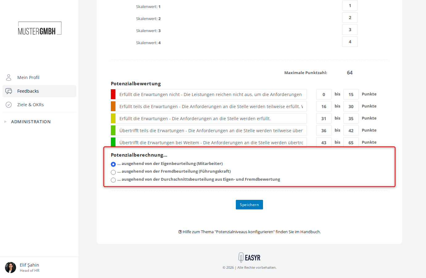 Potenzialberechnung mit den drei Optionen