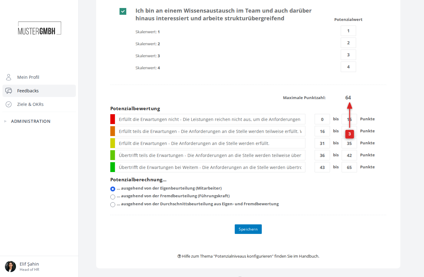 Bereich Potenzialbewertung mit den fünf farbkodierten Niveaus und der maximalen Punktzahl