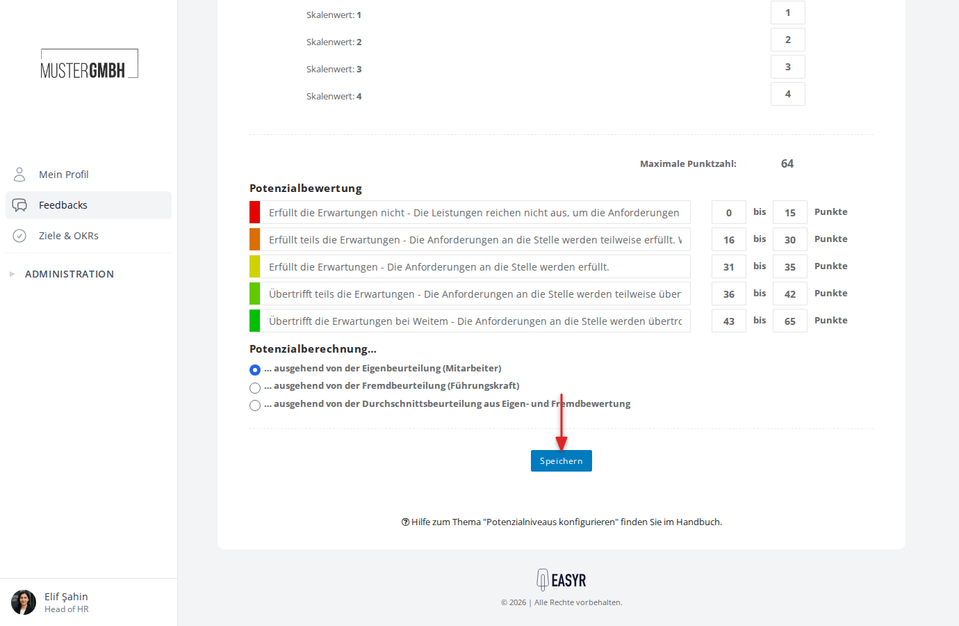 Speichern-Button unterhalb der Potenzialberechnung