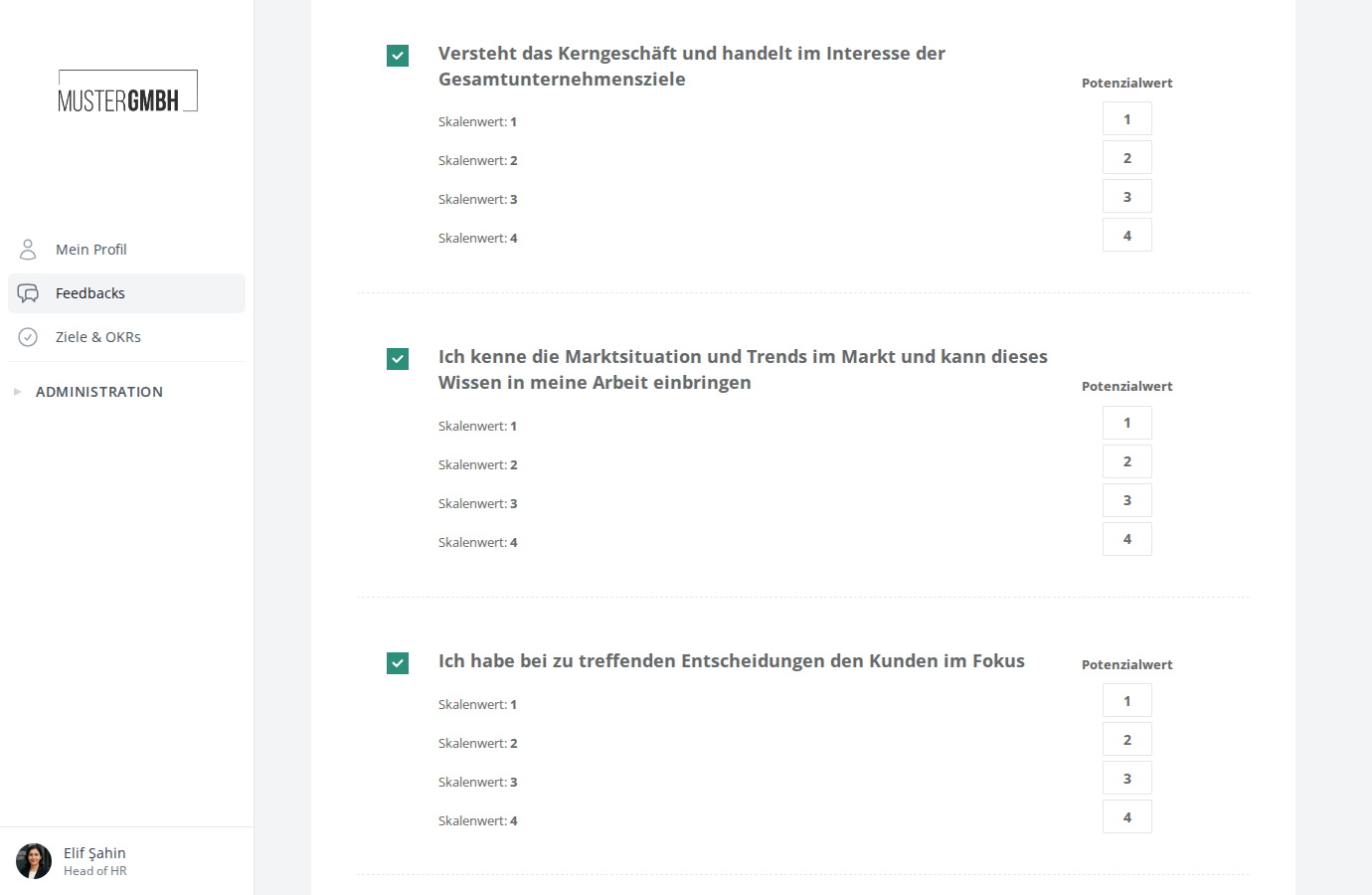 Eingabe der Potenzialwerte für eine Frage